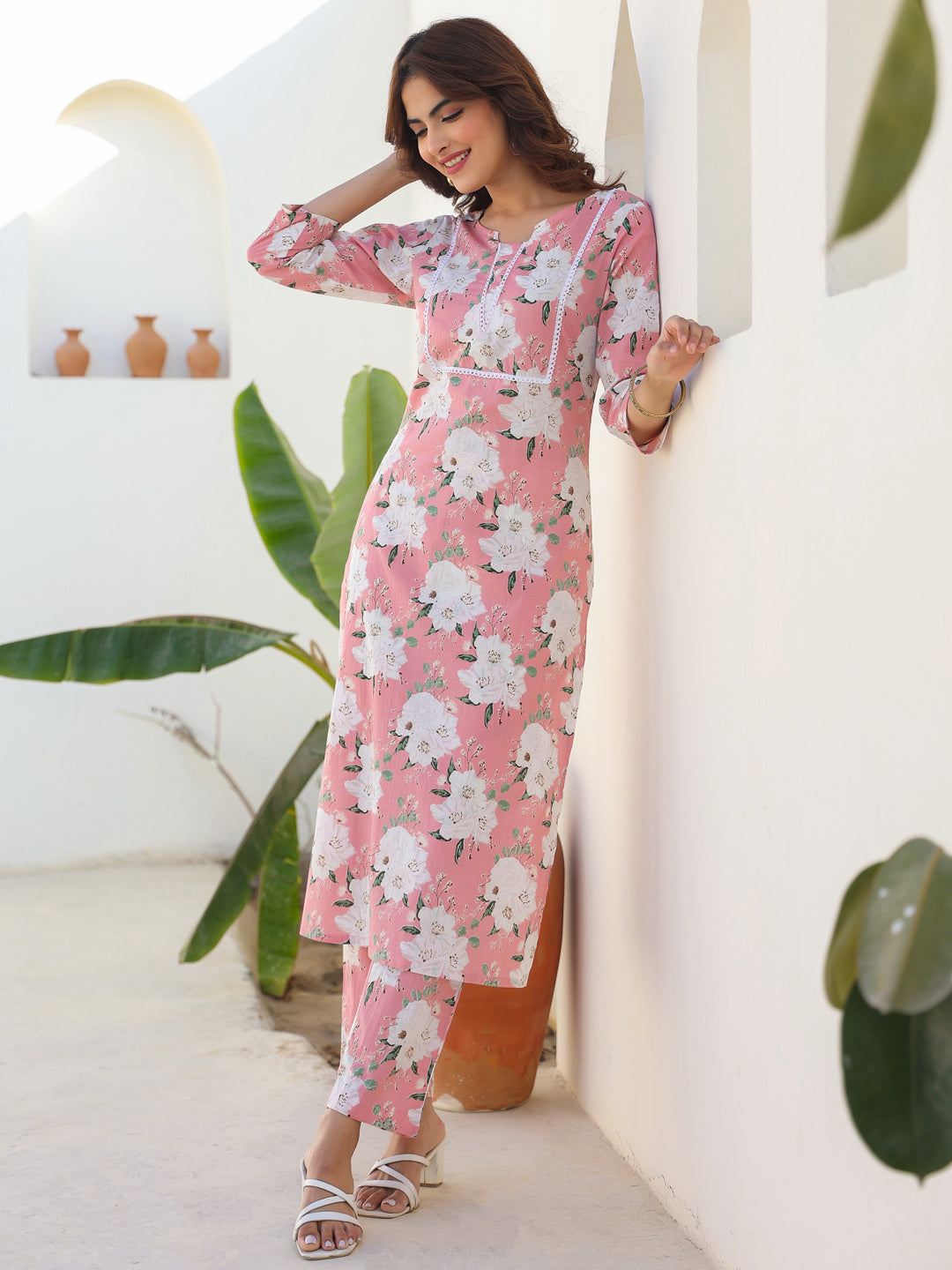Janasya Light Cotton Floral Straight Kurta Set | Grocsy