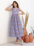 Janasya Dark Cotton Floral A-Line Kurta Set | Grocsy