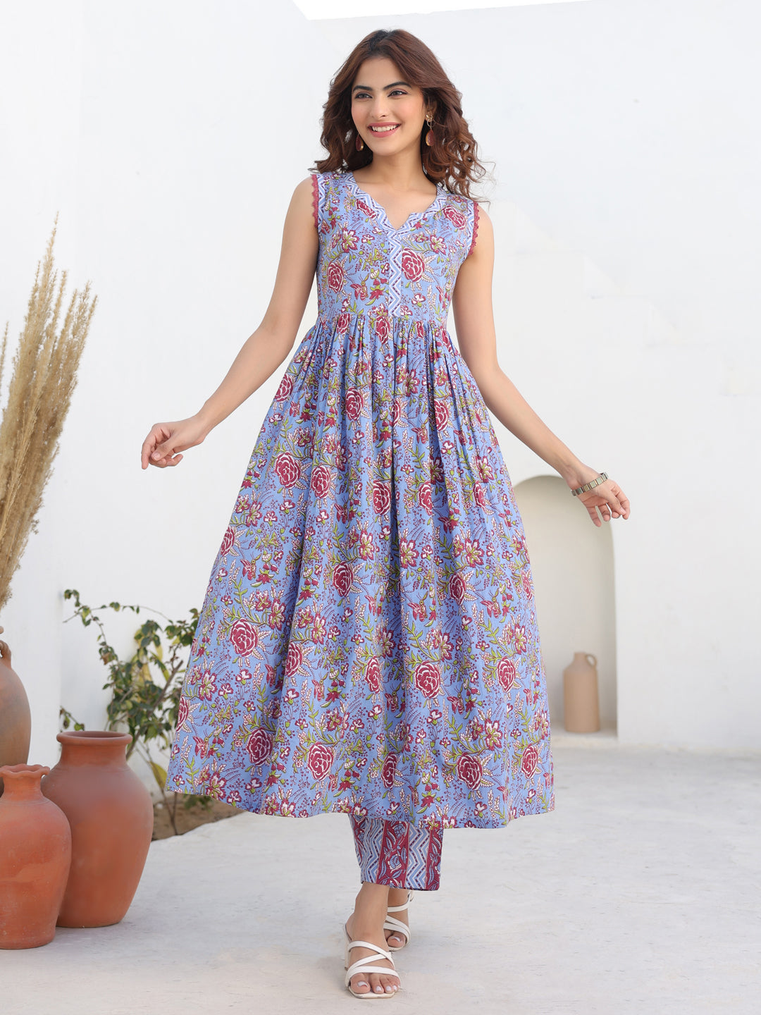 Janasya Dark Cotton Floral A-Line Kurta Set | Grocsy
