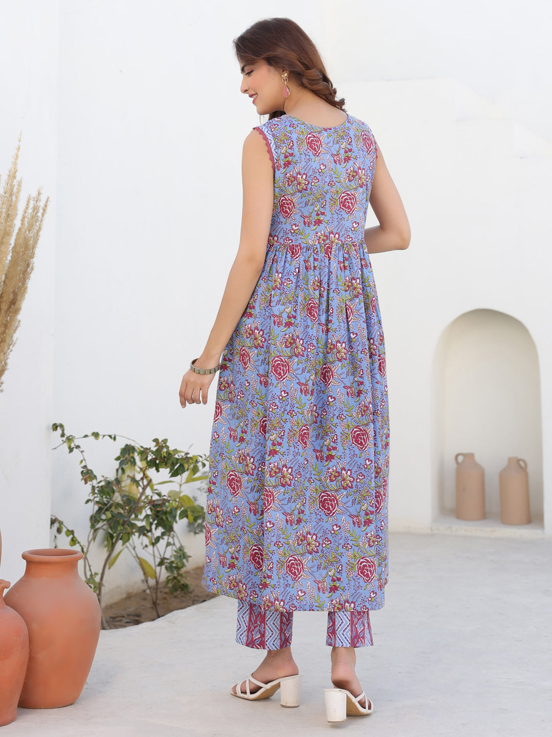 Janasya Dark Cotton Floral A-Line Kurta Set | Grocsy