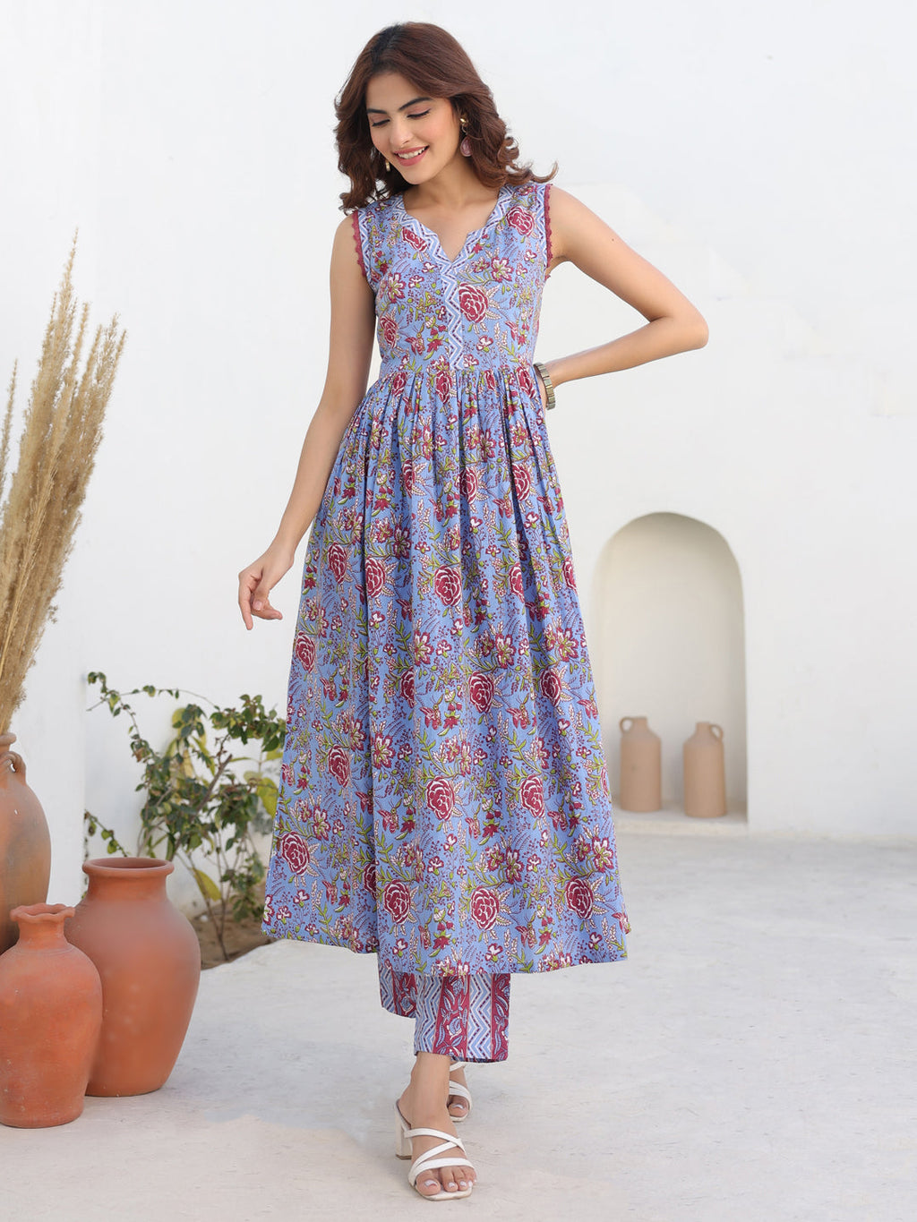 Janasya Dark Cotton Floral A-Line Kurta Set | Grocsy