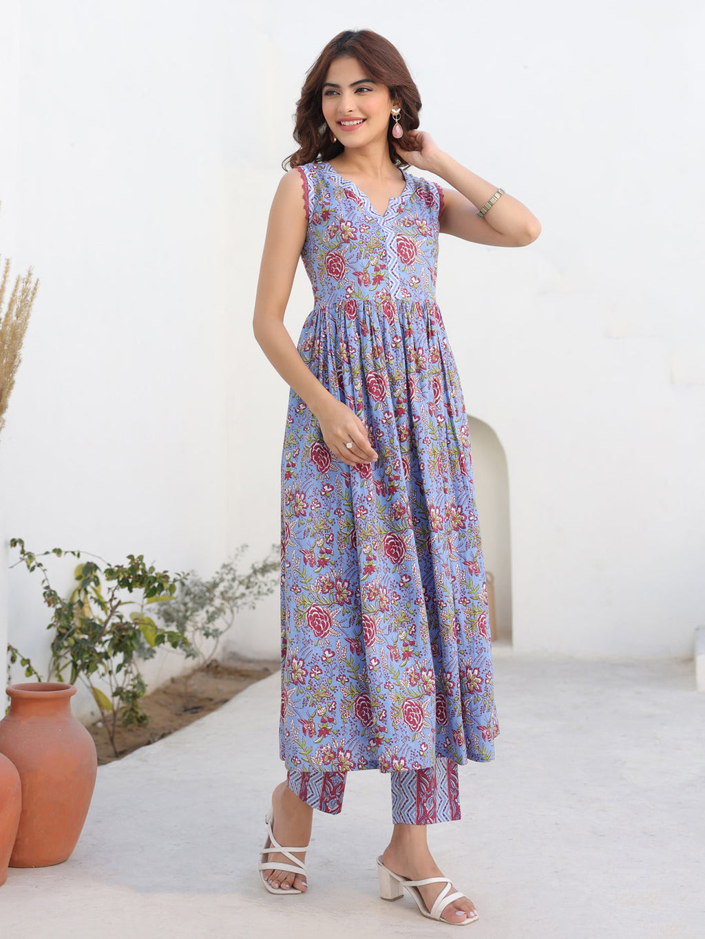 Janasya Dark Cotton Floral A-Line Kurta Set | Grocsy