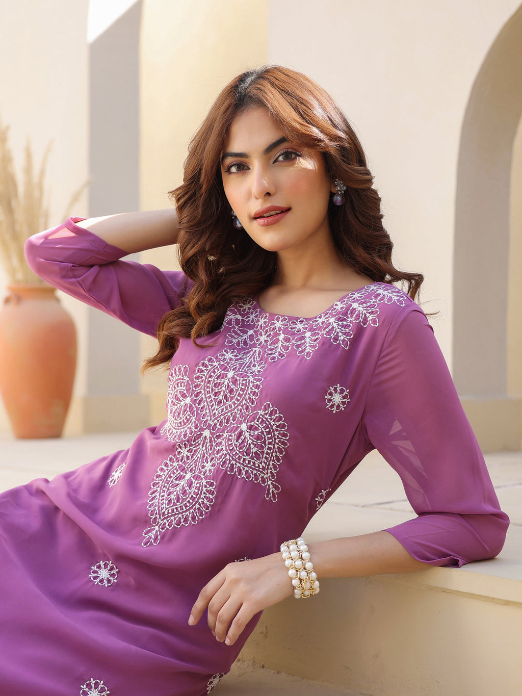 Janasya Dark Georgette Floral Straight Kurta | Grocsy