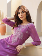 Janasya Dark Georgette Floral Straight Kurta | Grocsy