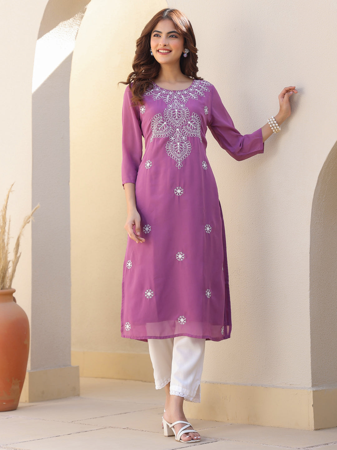 Janasya Dark Georgette Floral Straight Kurta | Grocsy