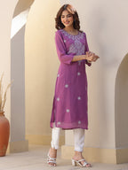 Janasya Dark Georgette Floral Straight Kurta | Grocsy