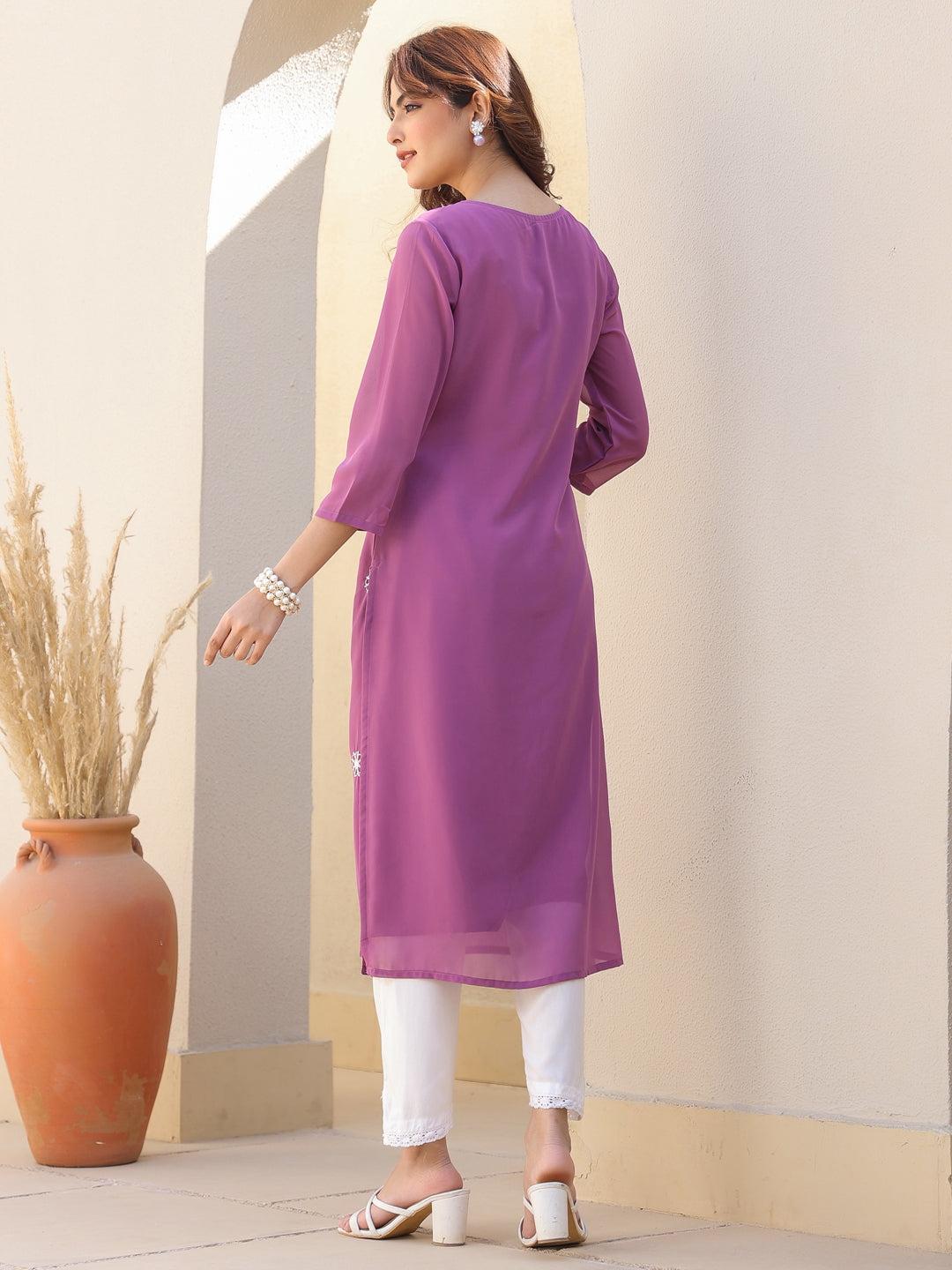 Janasya Dark Georgette Floral Straight Kurta | Grocsy