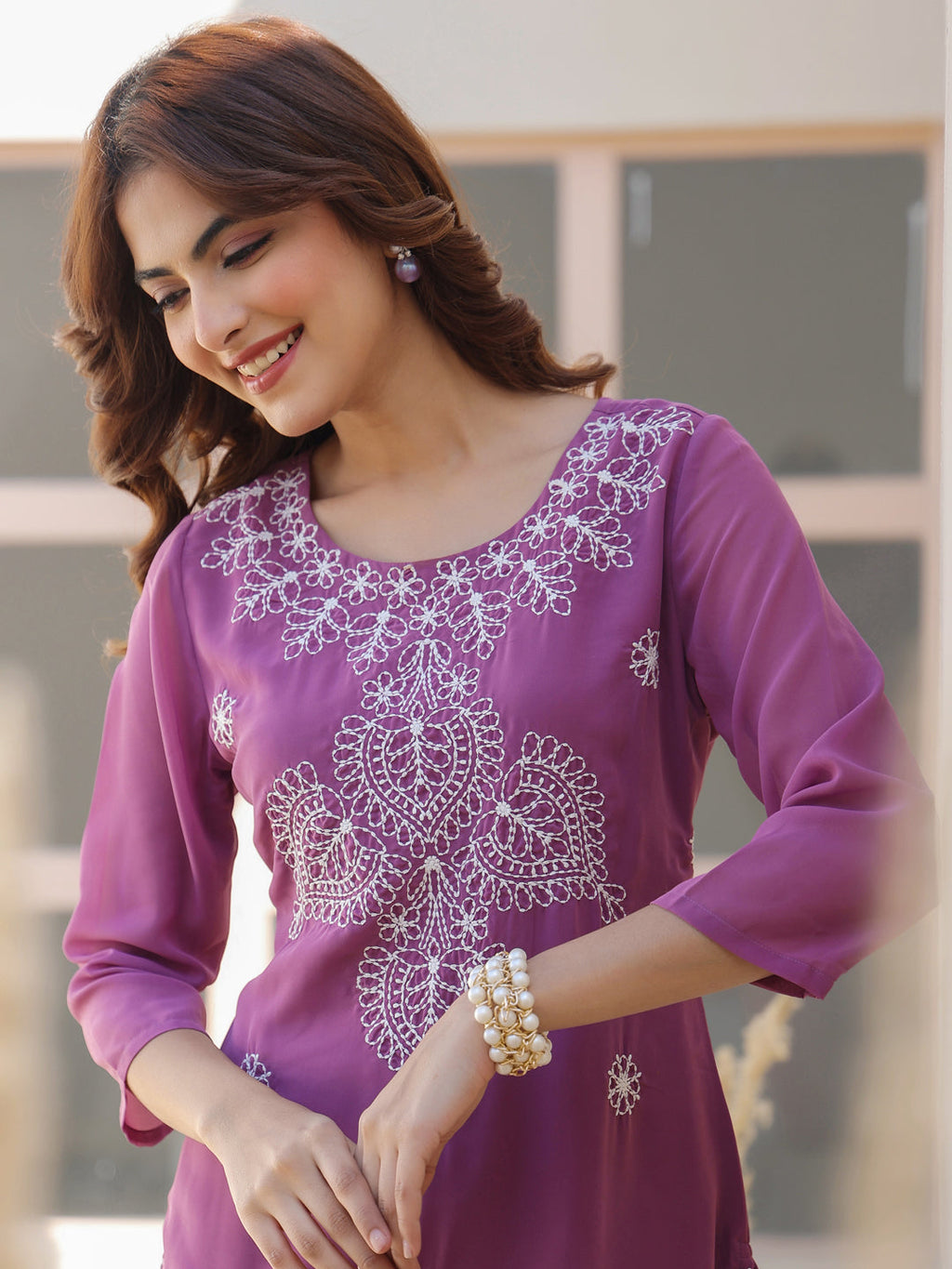 Janasya Dark Georgette Floral Straight Kurta | Grocsy