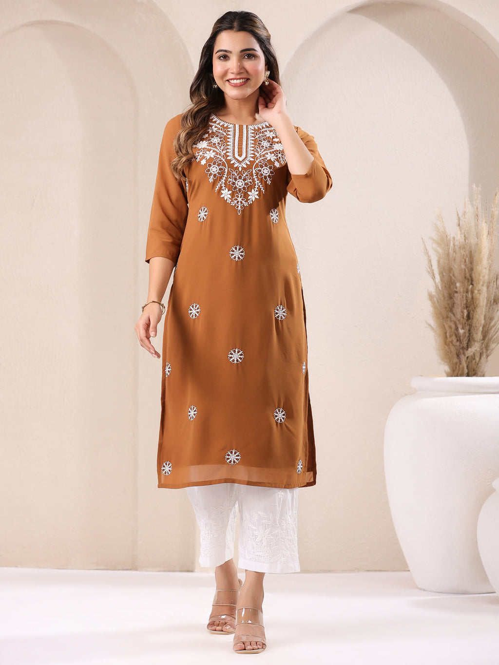Janasya Dark Georgette Embroidered Straight Kurta | Grocsy