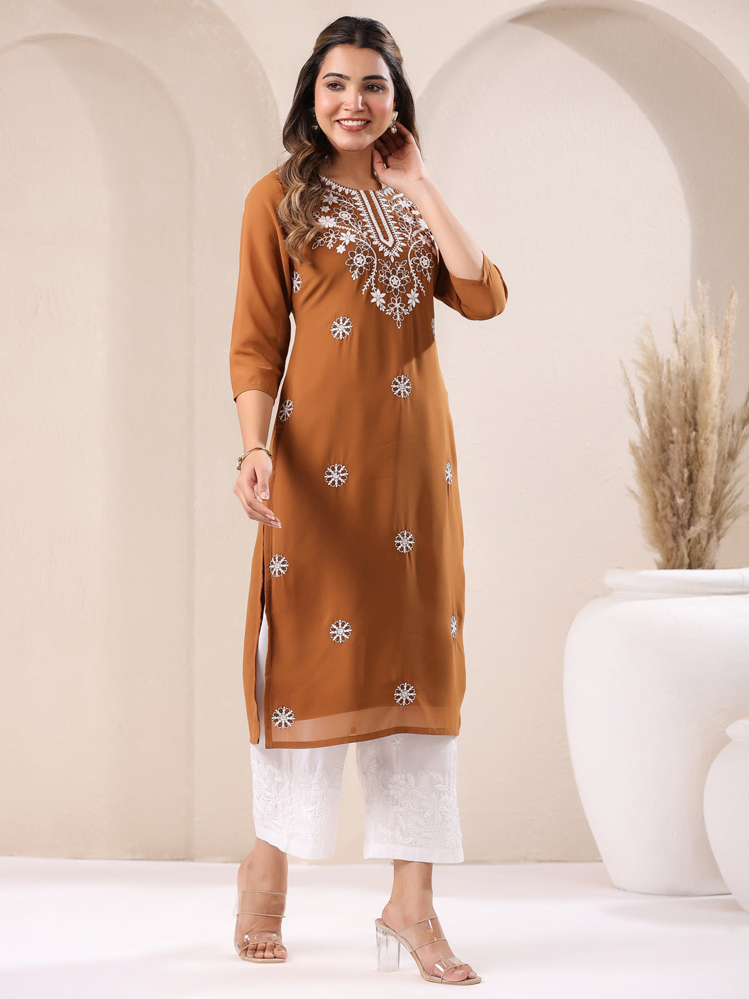 Janasya Dark Georgette Embroidered Straight Kurta | Grocsy