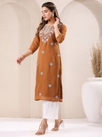 Janasya Dark Georgette Embroidered Straight Kurta | Grocsy