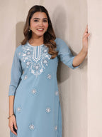Janasya Bright Georgette Embroidered Straight Kurta | Grocsy