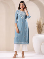 Janasya Bright Georgette Embroidered Straight Kurta | Grocsy
