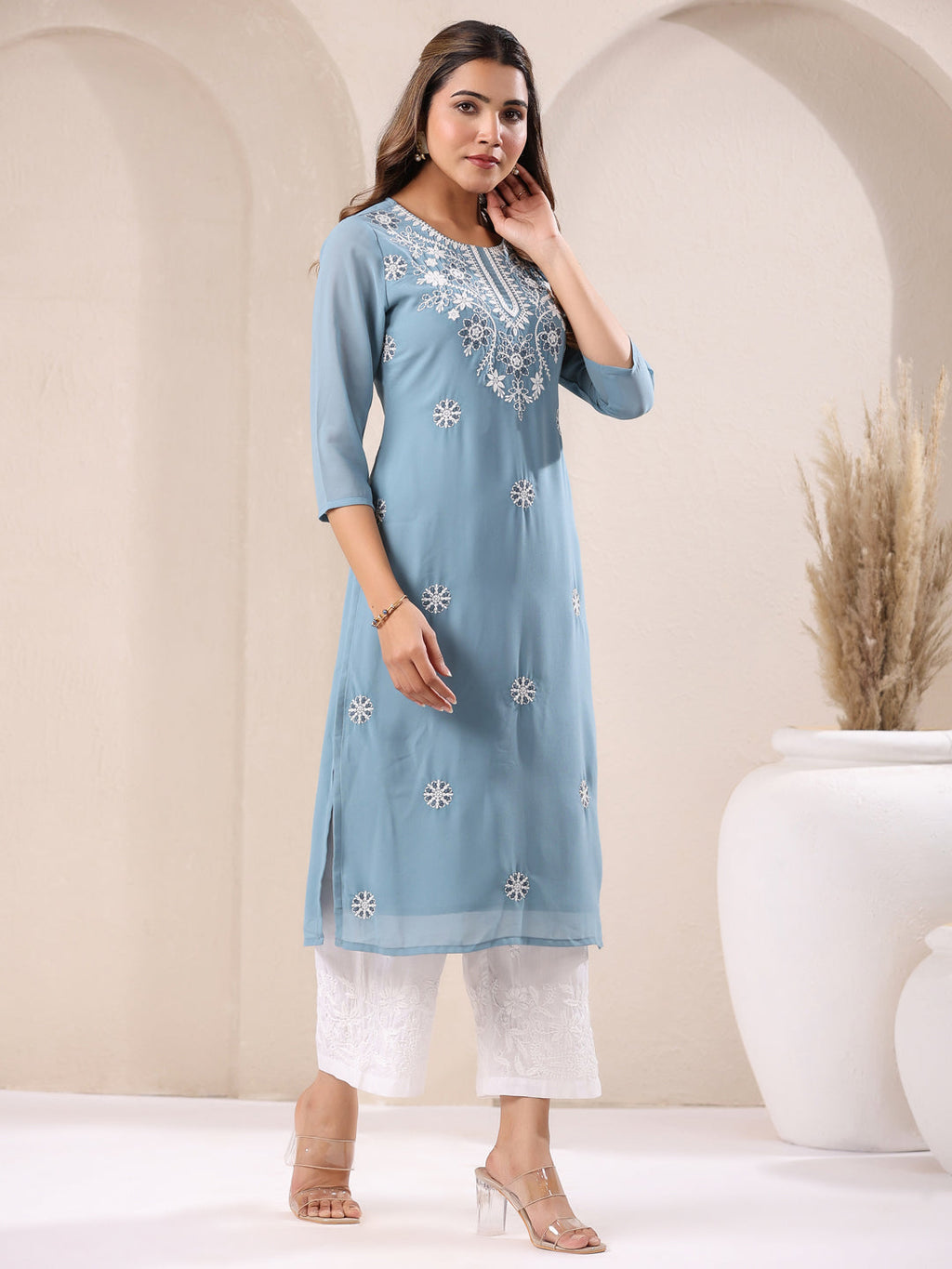 Janasya Bright Georgette Embroidered Straight Kurta | Grocsy