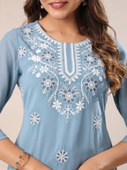 Janasya Bright Georgette Embroidered Straight Kurta | Grocsy