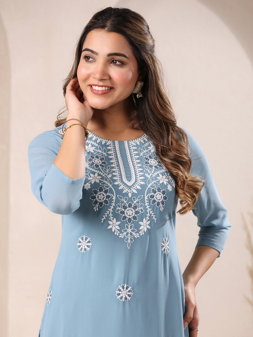 Janasya Bright Georgette Embroidered Straight Kurta | Grocsy