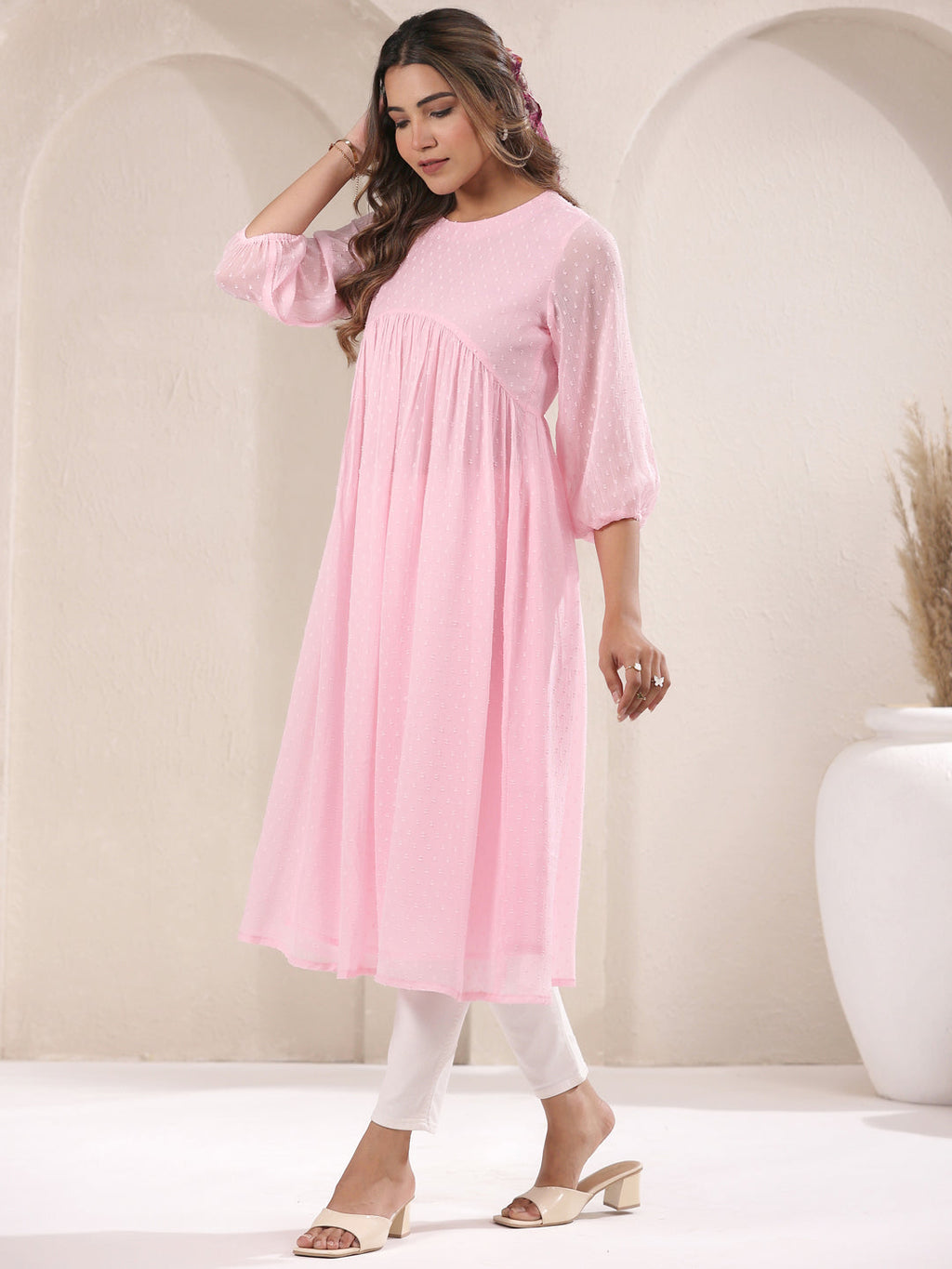 Janasya Light Dobby Chiffon Self Design A-Line Kurta | Grocsy
