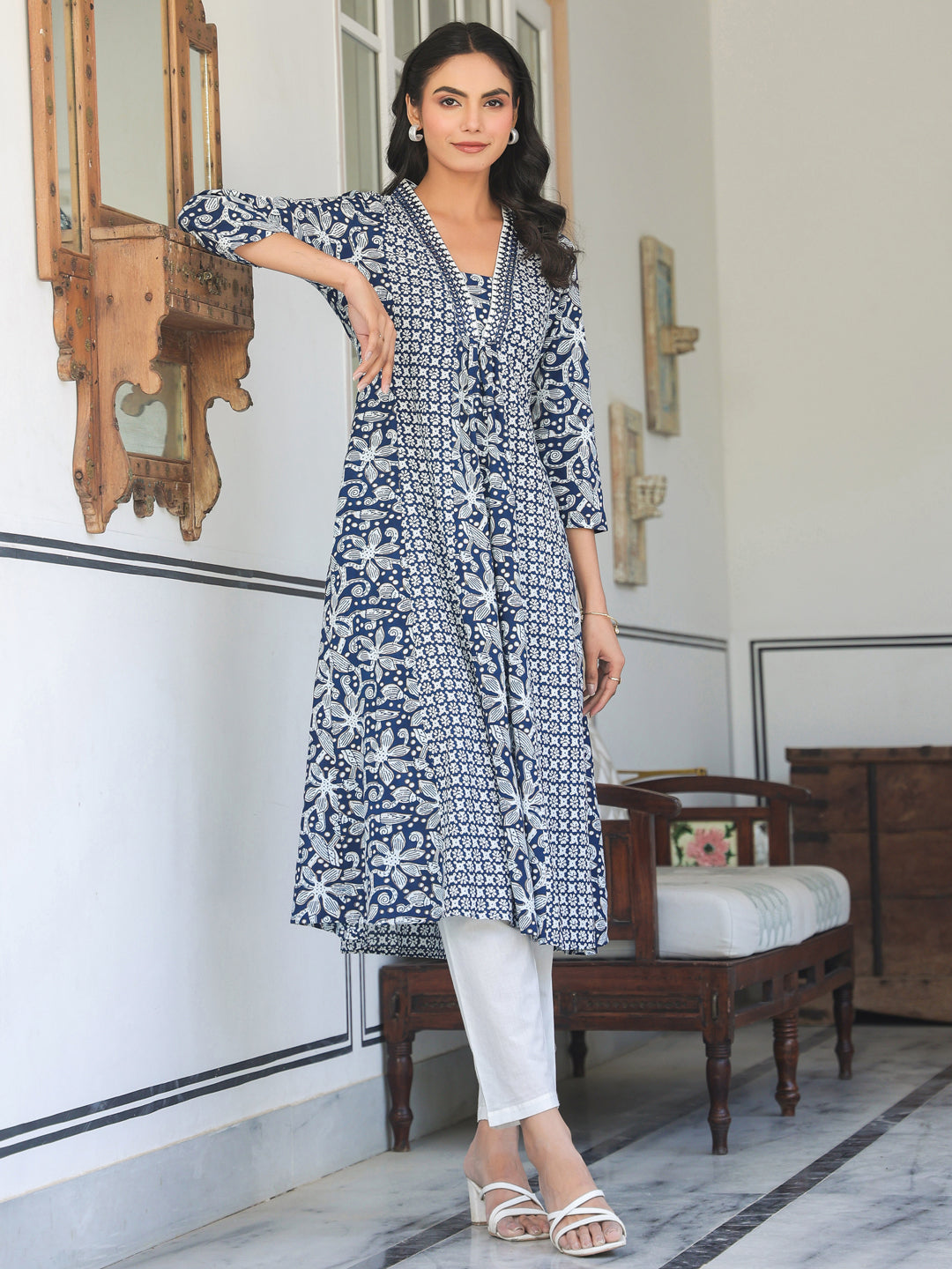 Janasya Dark Cotton Yoke Embroidery A-Line Kurta | Grocsy