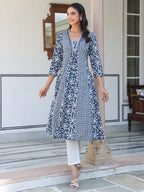 Janasya Dark Cotton Yoke Embroidery A-Line Kurta | Grocsy