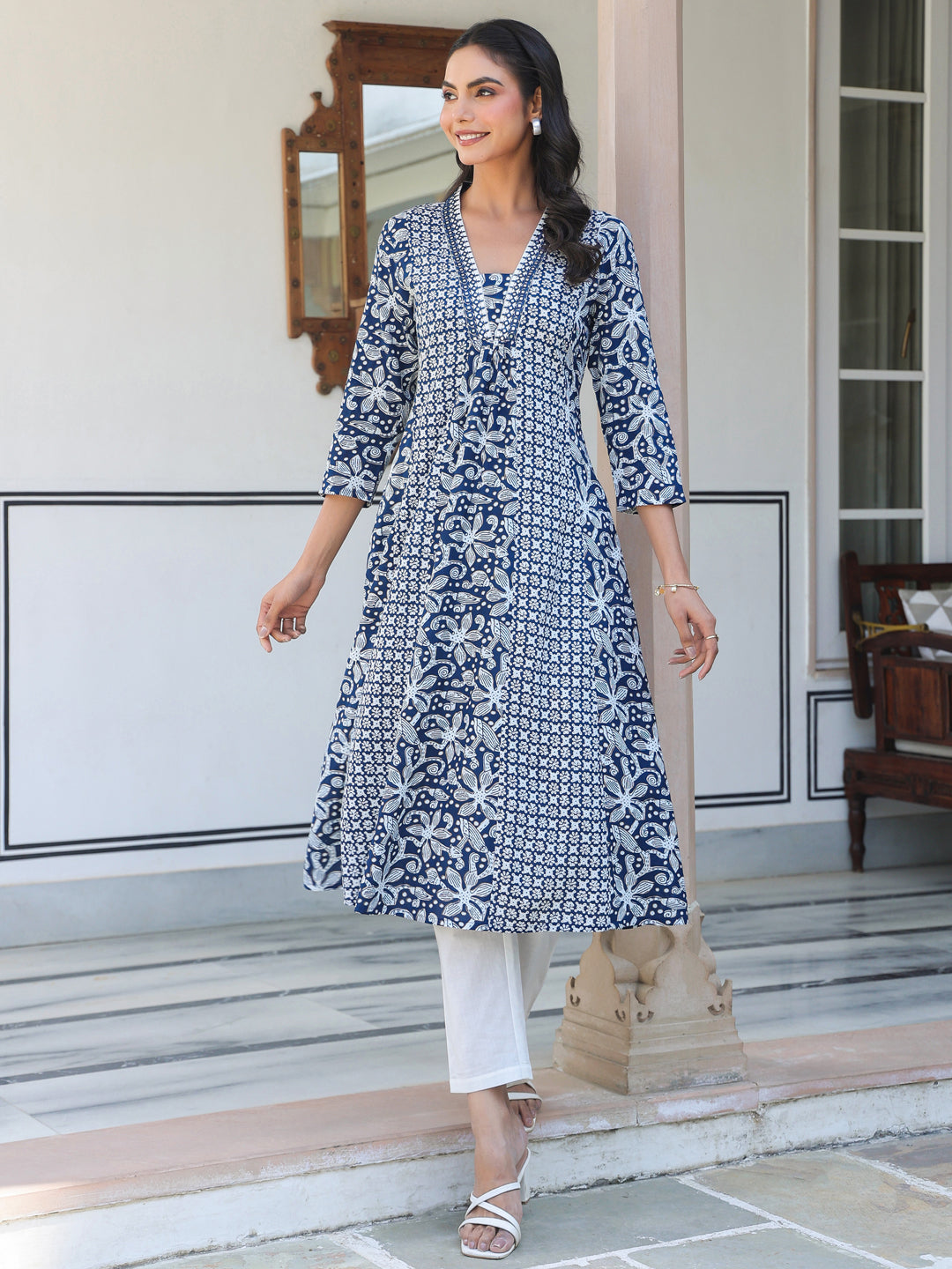 Janasya Dark Cotton Yoke Embroidery A-Line Kurta | Grocsy