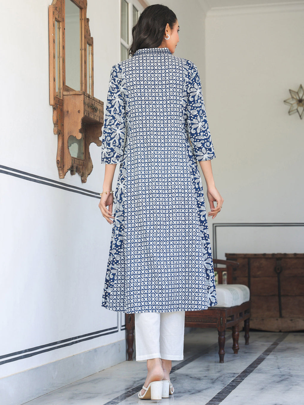 Janasya Dark Cotton Yoke Embroidery A-Line Kurta | Grocsy