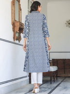 Janasya Dark Cotton Yoke Embroidery A-Line Kurta | Grocsy