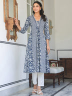 Janasya Dark Cotton Yoke Embroidery A-Line Kurta | Grocsy
