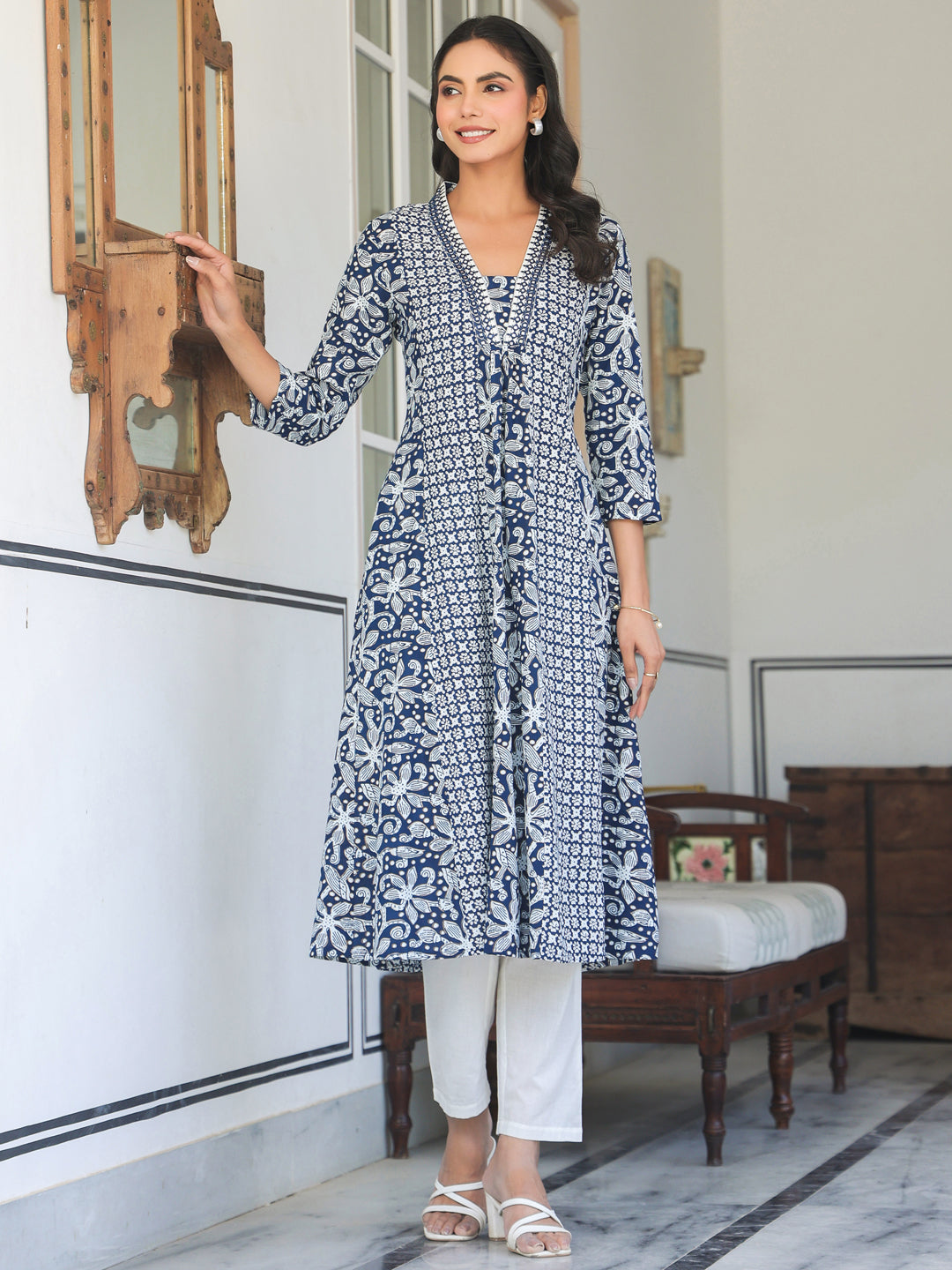 Janasya Dark Cotton Yoke Embroidery A-Line Kurta | Grocsy
