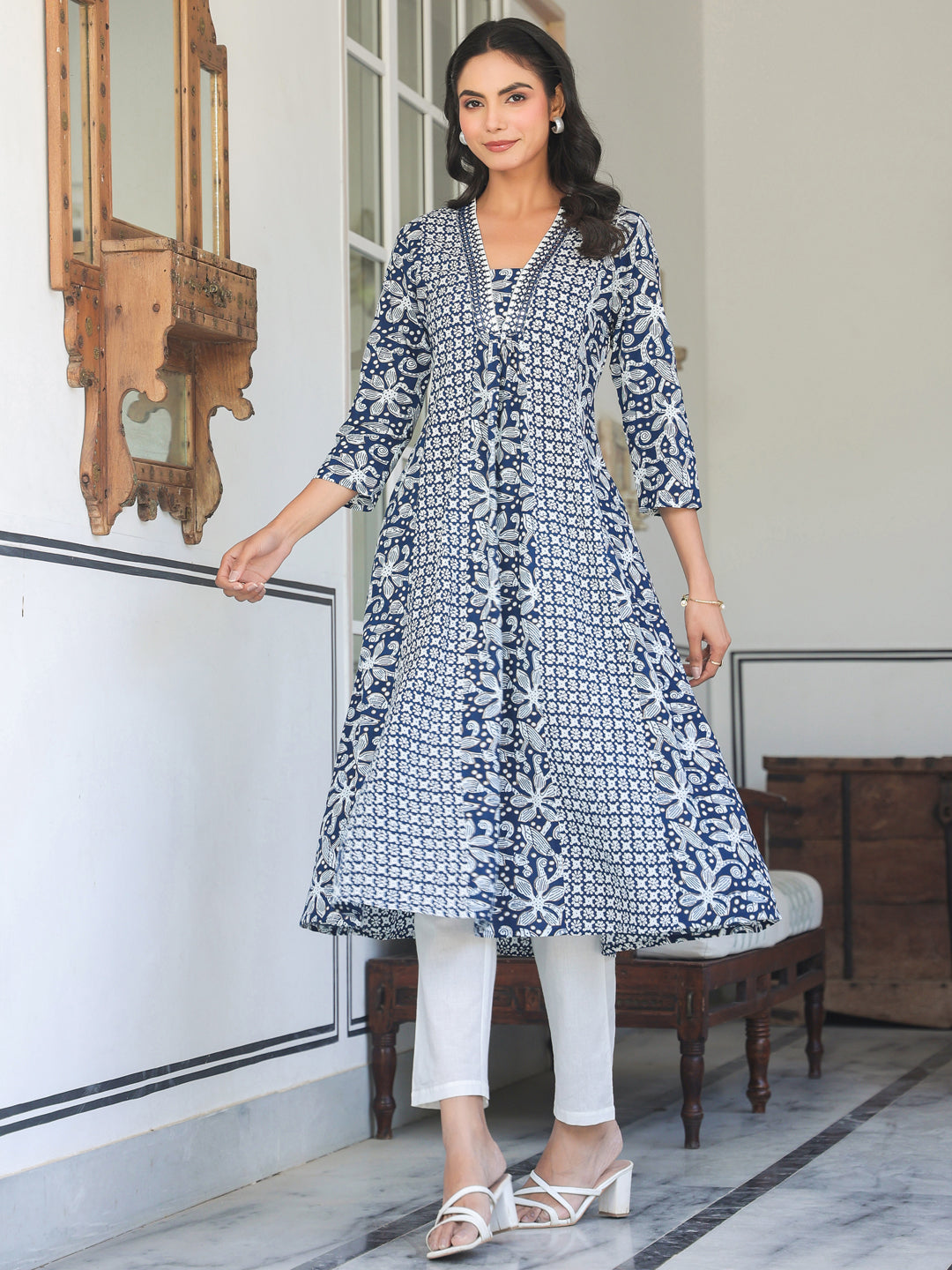 Janasya Dark Cotton Yoke Embroidery A-Line Kurta | Grocsy