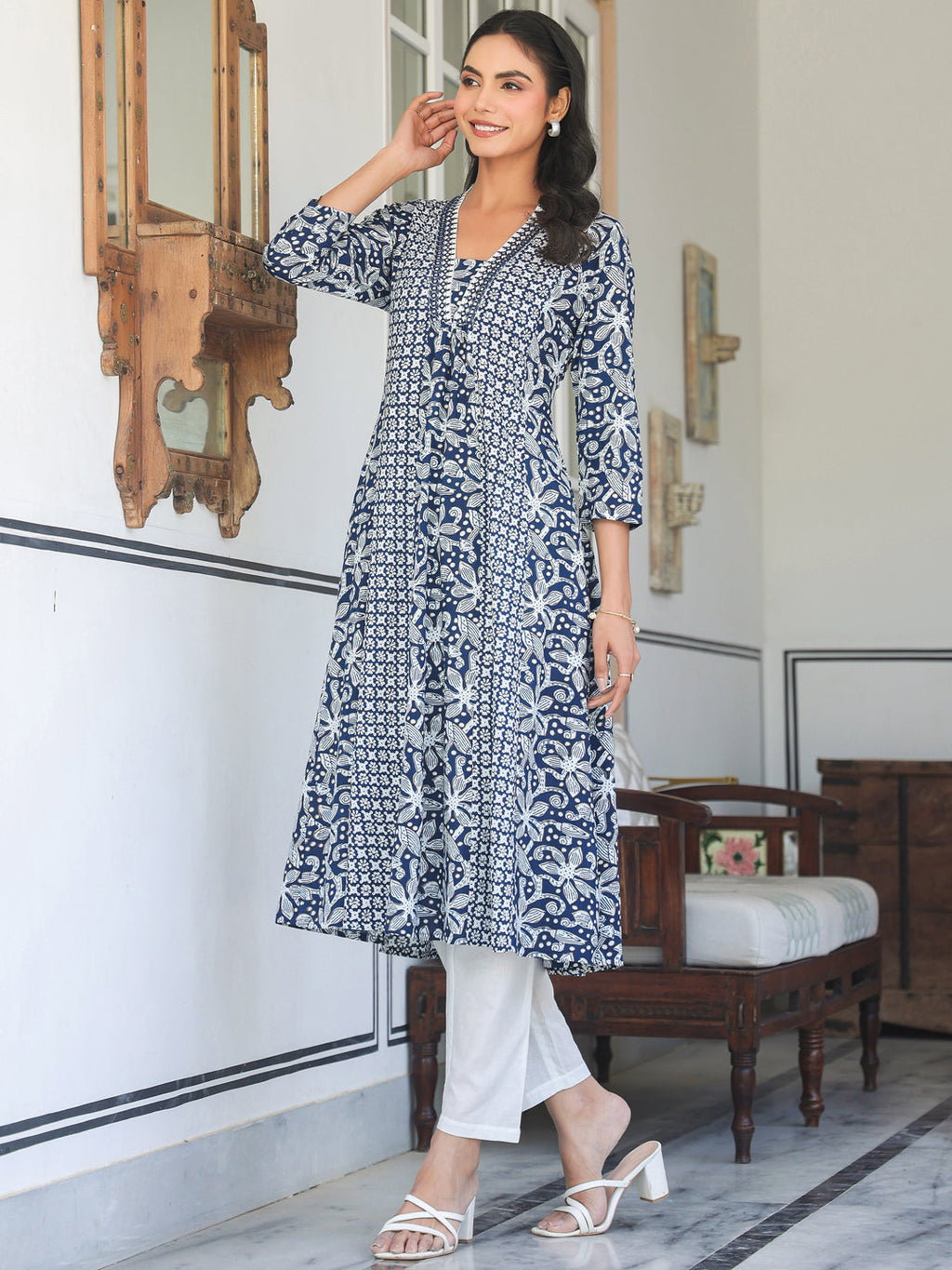 Janasya Dark Cotton Yoke Embroidery A-Line Kurta | Grocsy