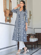 Janasya Dark Cotton Yoke Embroidery A-Line Kurta | Grocsy