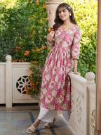 Janasya Bright Cotton Floral A-Line Kurta | Grocsy