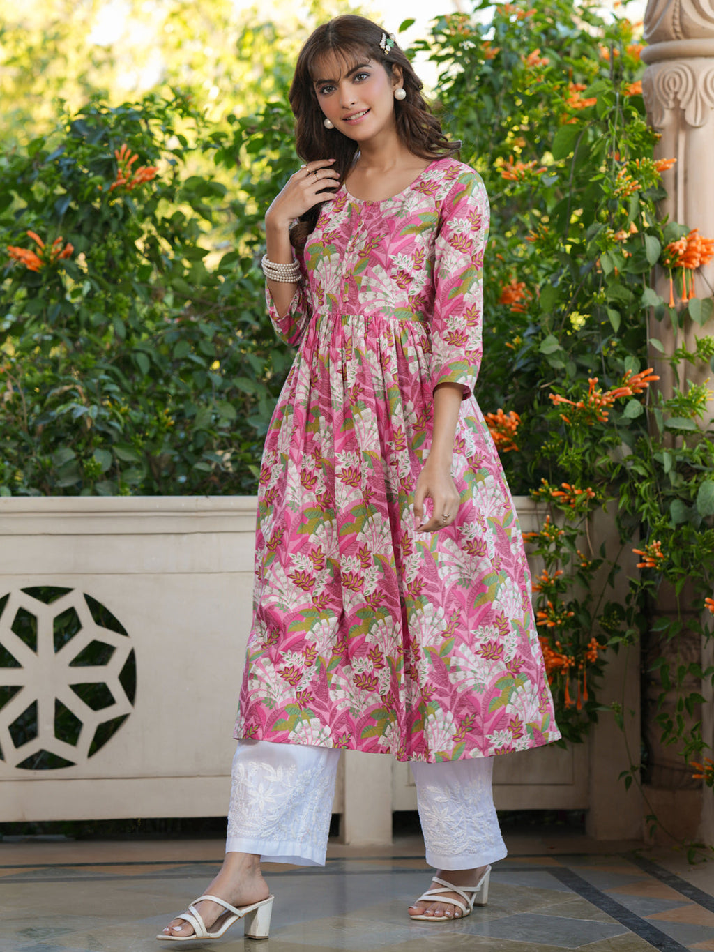 Janasya Bright Cotton Floral A-Line Kurta | Grocsy