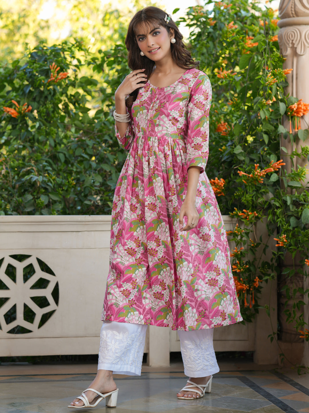 Janasya Bright Cotton Floral A-Line Kurta | Grocsy