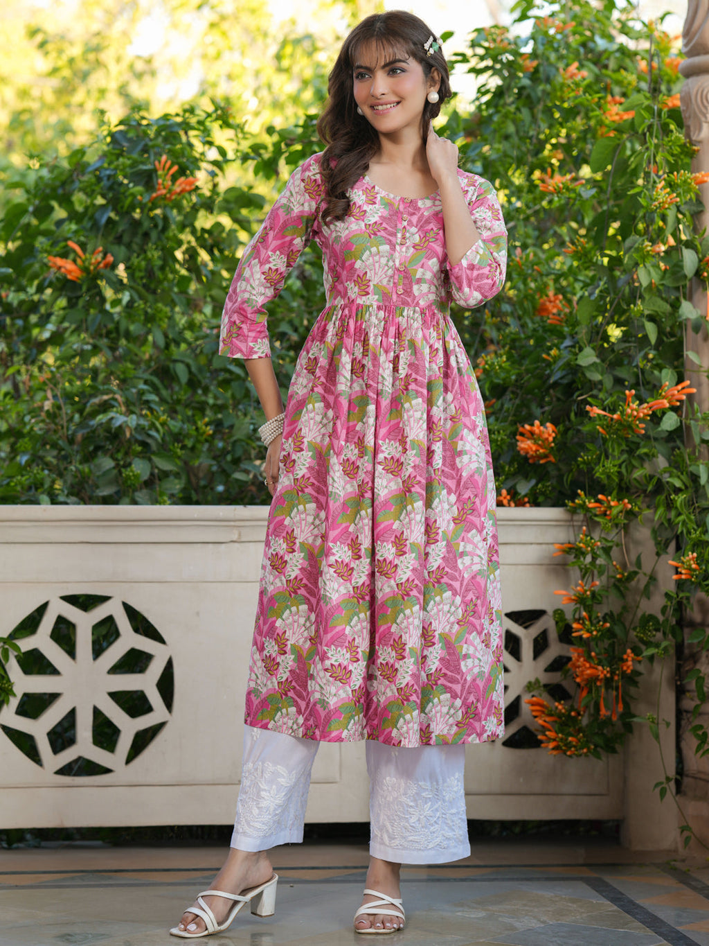Janasya Bright Cotton Floral A-Line Kurta | Grocsy
