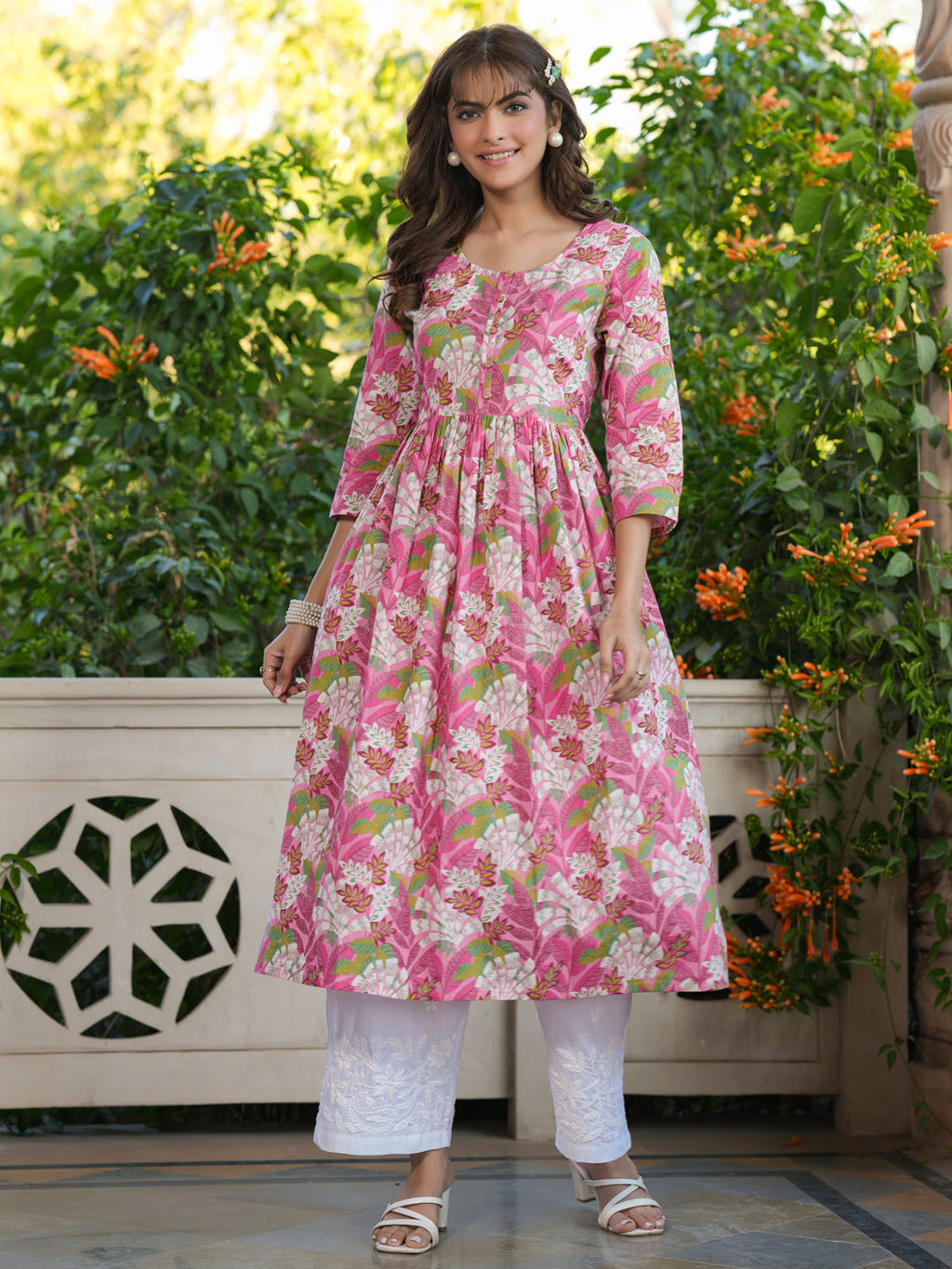 Janasya Bright Cotton Floral A-Line Kurta | Grocsy