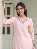 Janasya Light Cotton Yoke Embroidery Straight Kurta | Grocsy