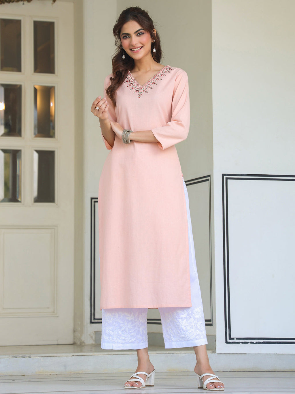 Janasya Light Cotton Yoke Embroidery Straight Kurta | Grocsy