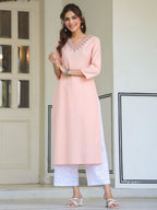 Janasya Light Cotton Yoke Embroidery Straight Kurta | Grocsy