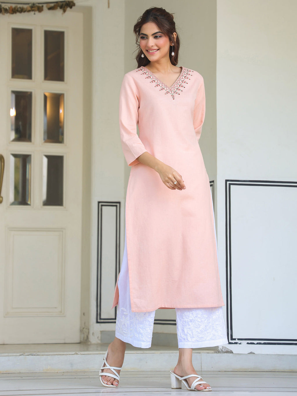Janasya Light Cotton Yoke Embroidery Straight Kurta | Grocsy