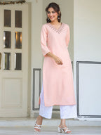 Janasya Light Cotton Yoke Embroidery Straight Kurta | Grocsy