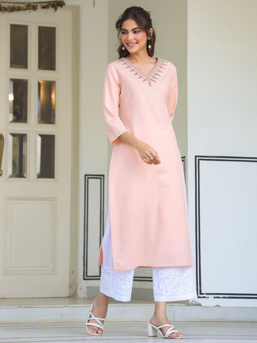 Janasya Light Cotton Yoke Embroidery Straight Kurta | Grocsy
