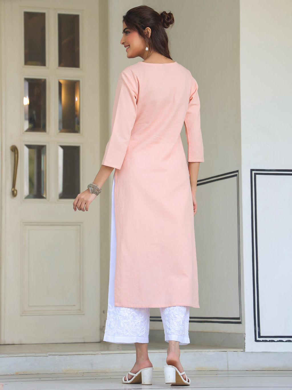 Janasya Light Cotton Yoke Embroidery Straight Kurta | Grocsy