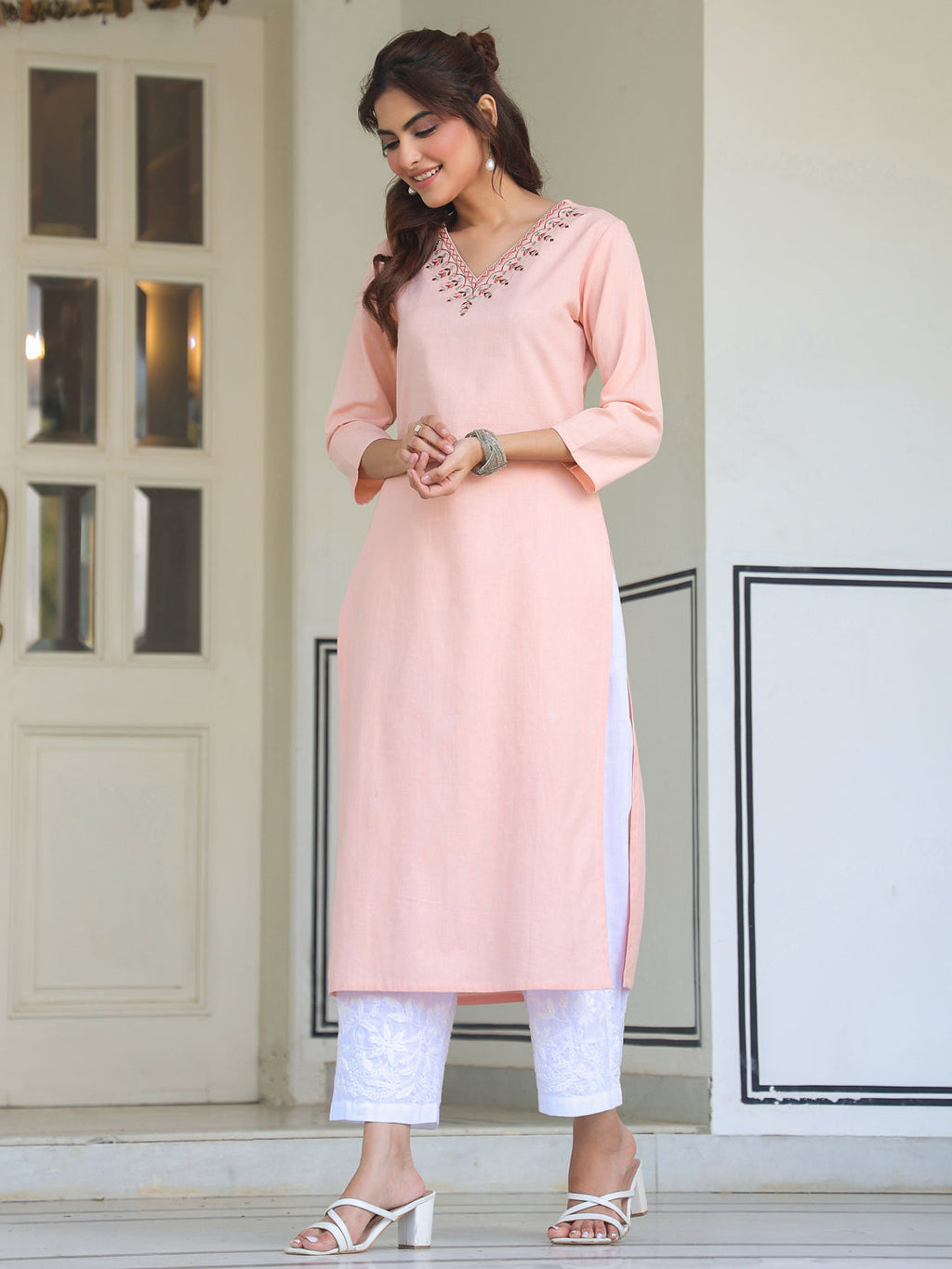 Janasya Light Cotton Yoke Embroidery Straight Kurta | Grocsy