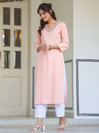 Janasya Light Cotton Yoke Embroidery Straight Kurta | Grocsy