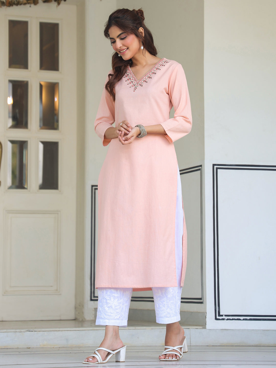 Janasya Light Cotton Yoke Embroidery Straight Kurta | Grocsy