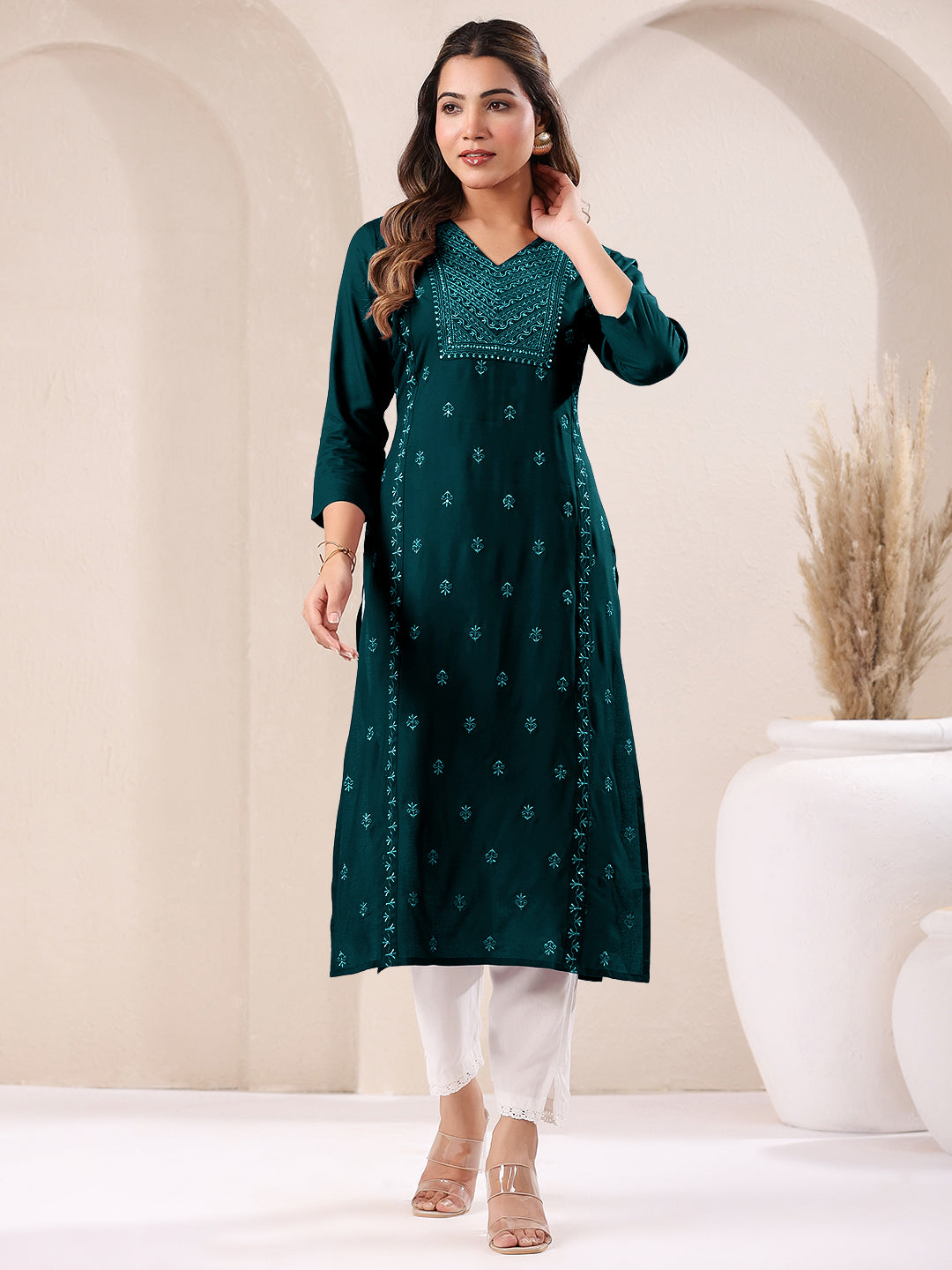 Janasya Dark Rayon Embroidered Straight Kurta | Grocsy