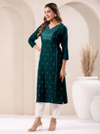 Janasya Dark Rayon Embroidered Straight Kurta | Grocsy