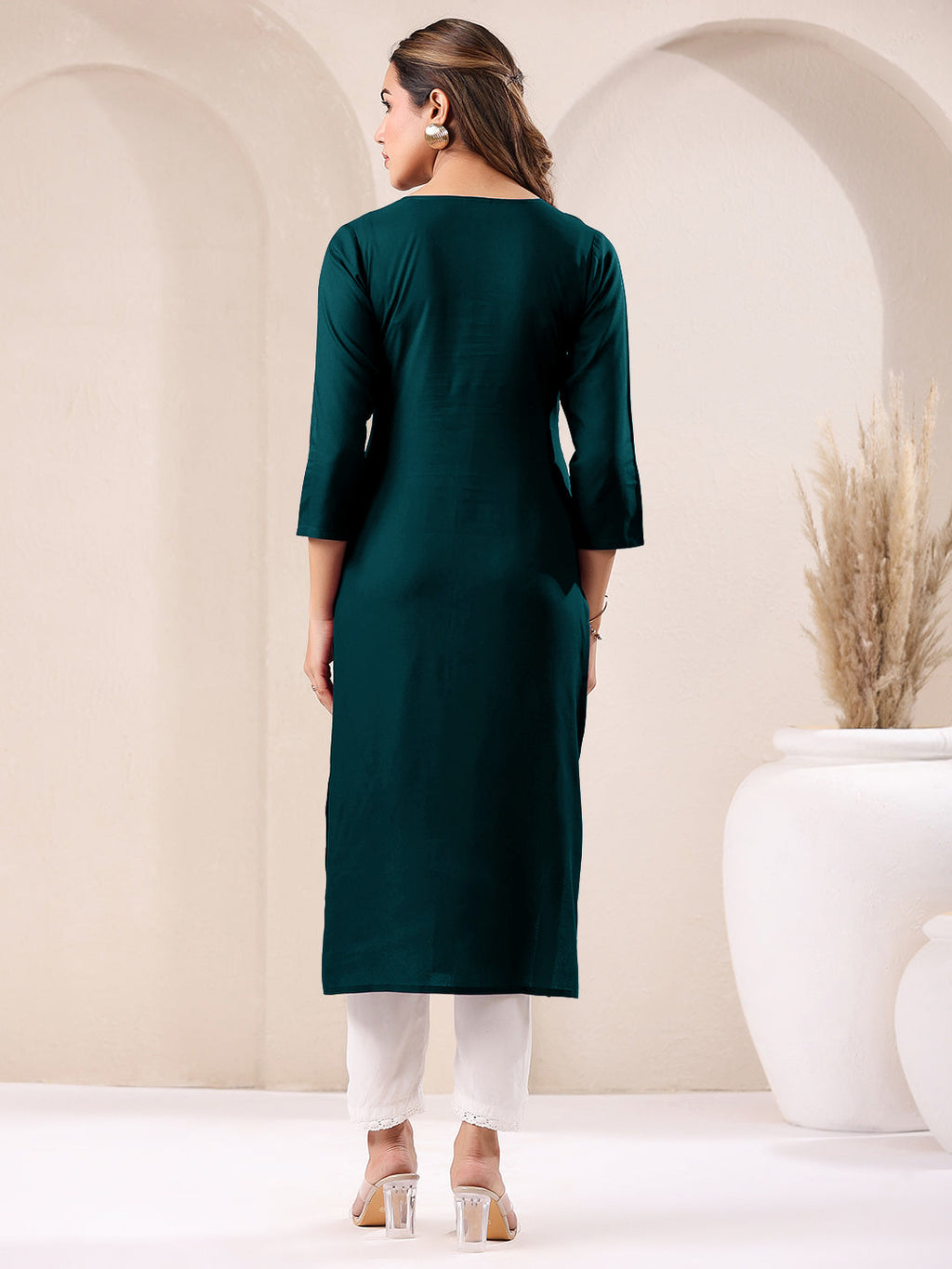Janasya Dark Rayon Embroidered Straight Kurta | Grocsy
