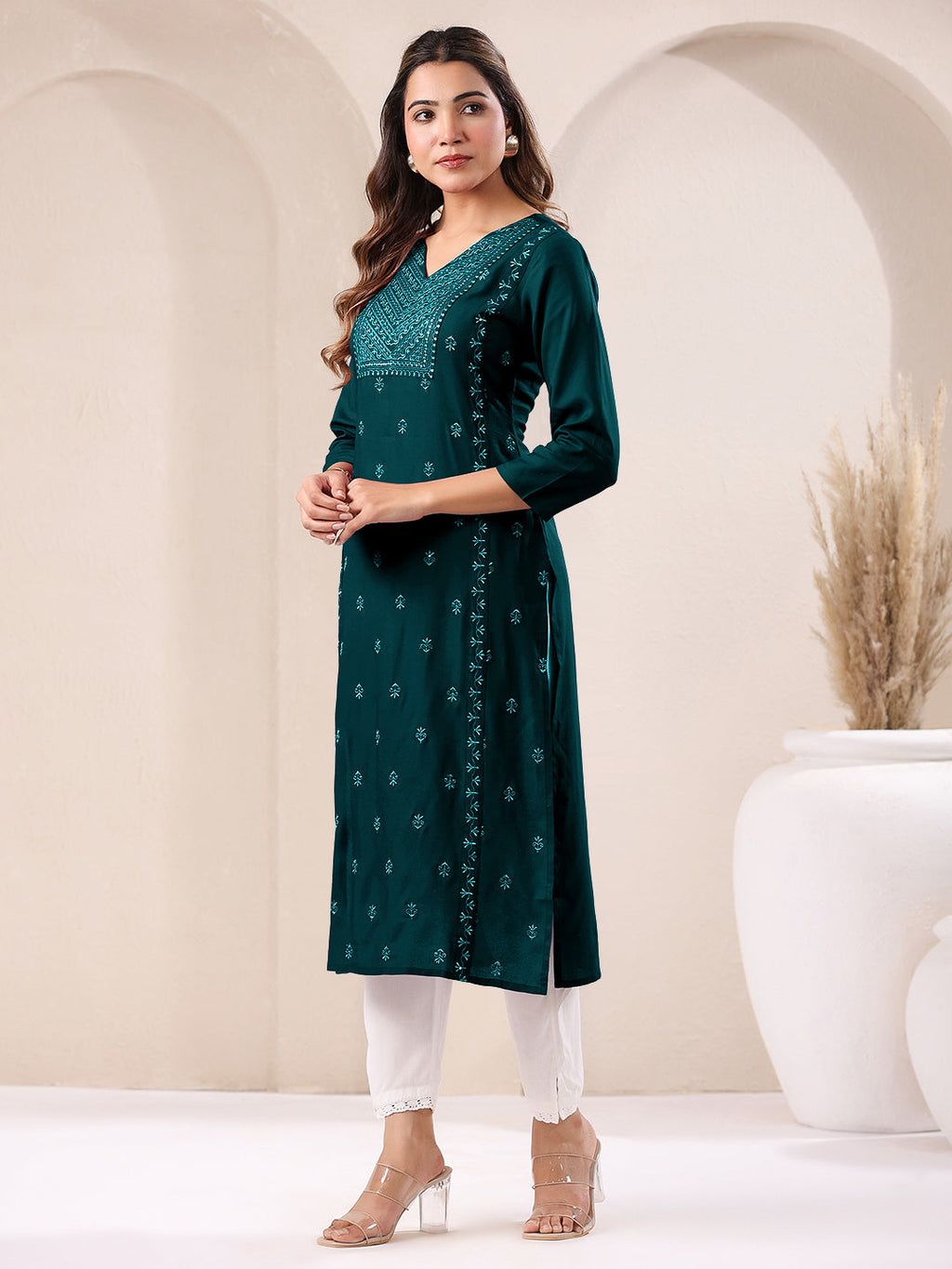 Janasya Dark Rayon Embroidered Straight Kurta | Grocsy